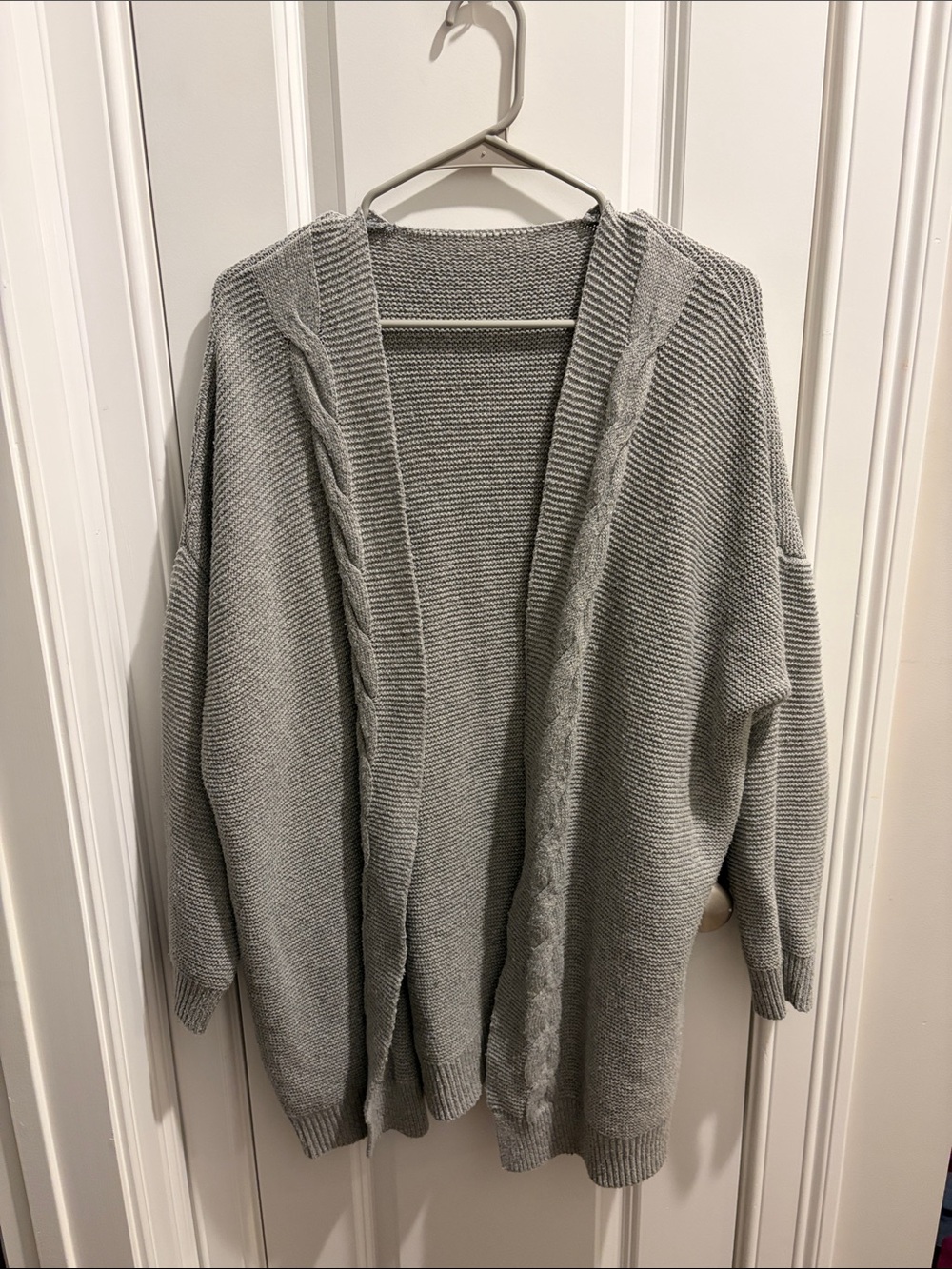Light Gray Open-Front Cable Trim Women's Cardigan Sweater